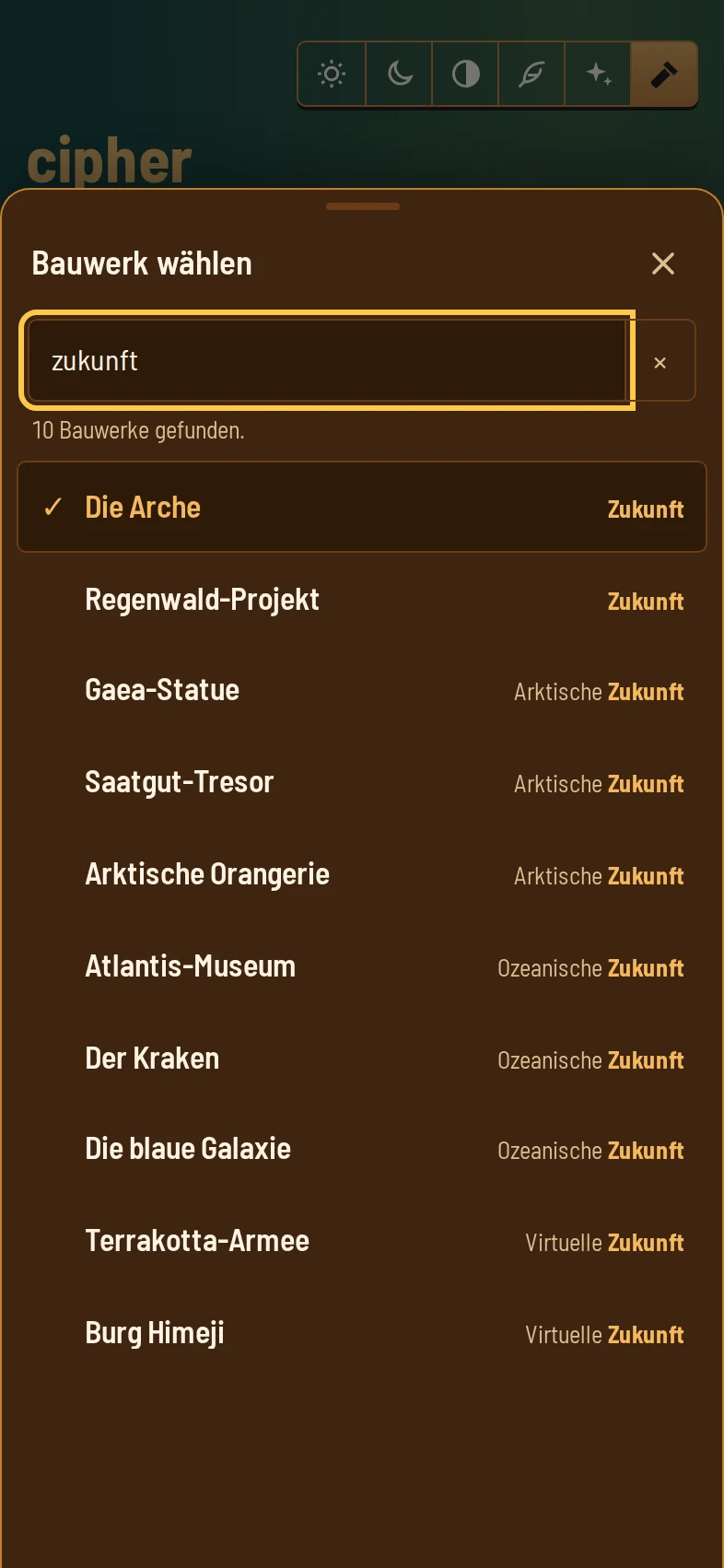 Die Bauwerksauswahl als Blatt von unten. Die Suche „zukunft“ findet zehn Bauwerke, die Arche ist markiert.