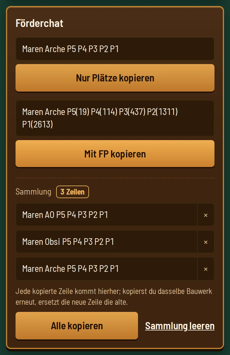 Förderchat mit zwei Zeilen zum Kopieren, darunter die Sammlung mit drei Zeilen: AO, Obsi und Arche.