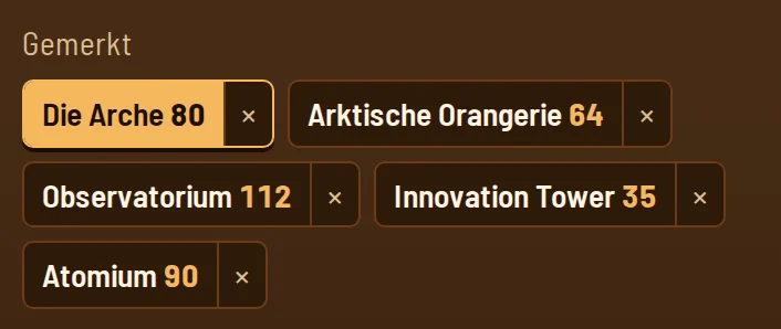 Gemerkte Bauwerke als Chips: Die Arche 80, Arktische Orangerie 64, Observatorium 112, Innovation Tower 35, Atomium 90.