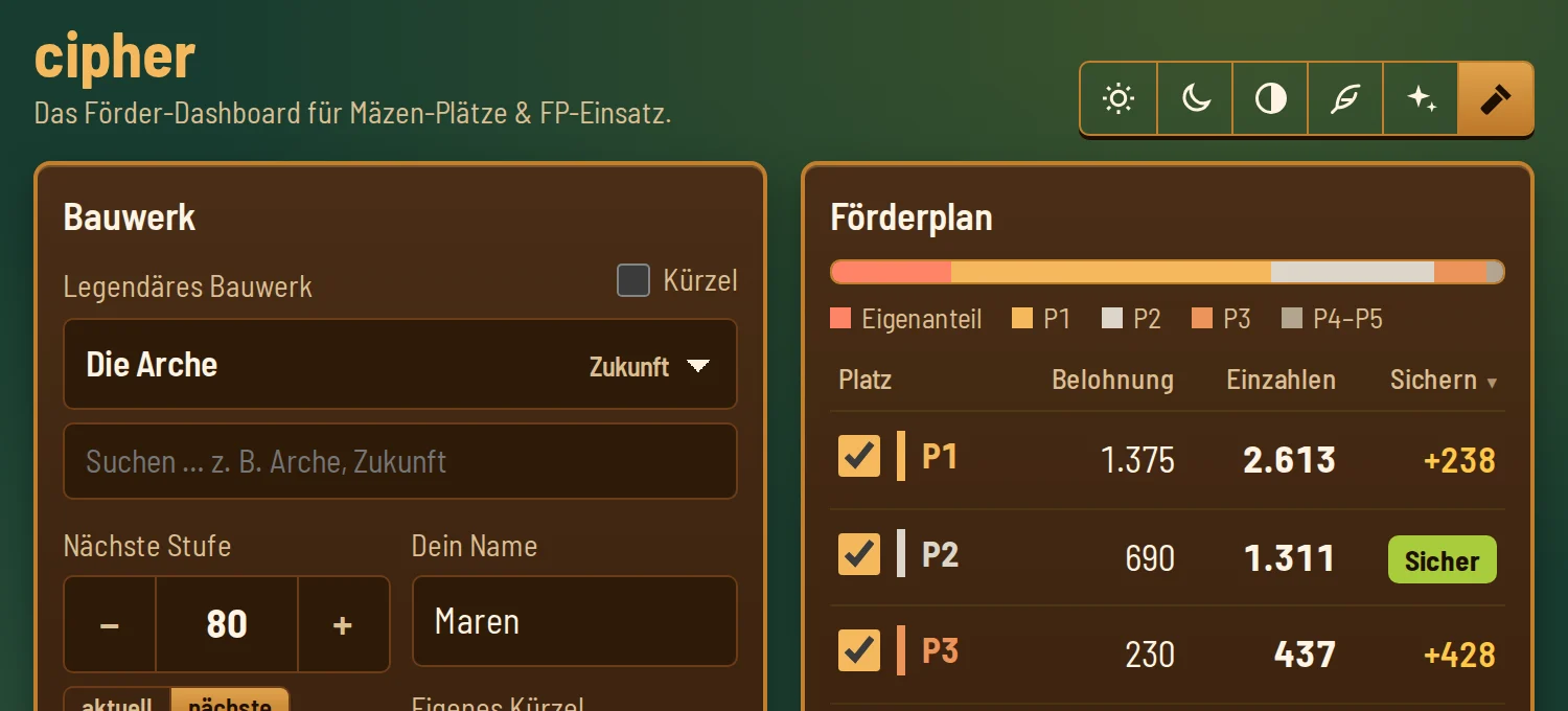 cipher auf einem Telefon im Querformat: links Bauwerk und Stufe, rechts der Förderplan.