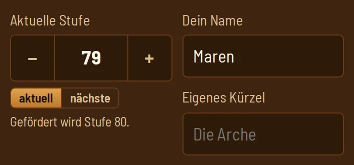 Stufenfeld im Modus „aktuell“ mit 79, darunter der Hinweis „Gefördert wird Stufe 80“.